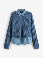 Blue Chambray Denim Shirt Layer Cable Knitted Jumper - Image 5 of 7