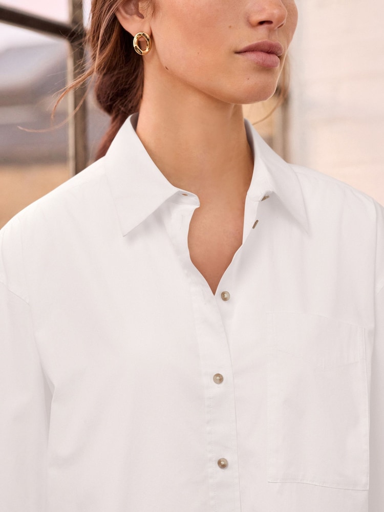 White Relaxed Boyfriend Fit 100% Cotton Button Down Shirt - Image 4 of 7