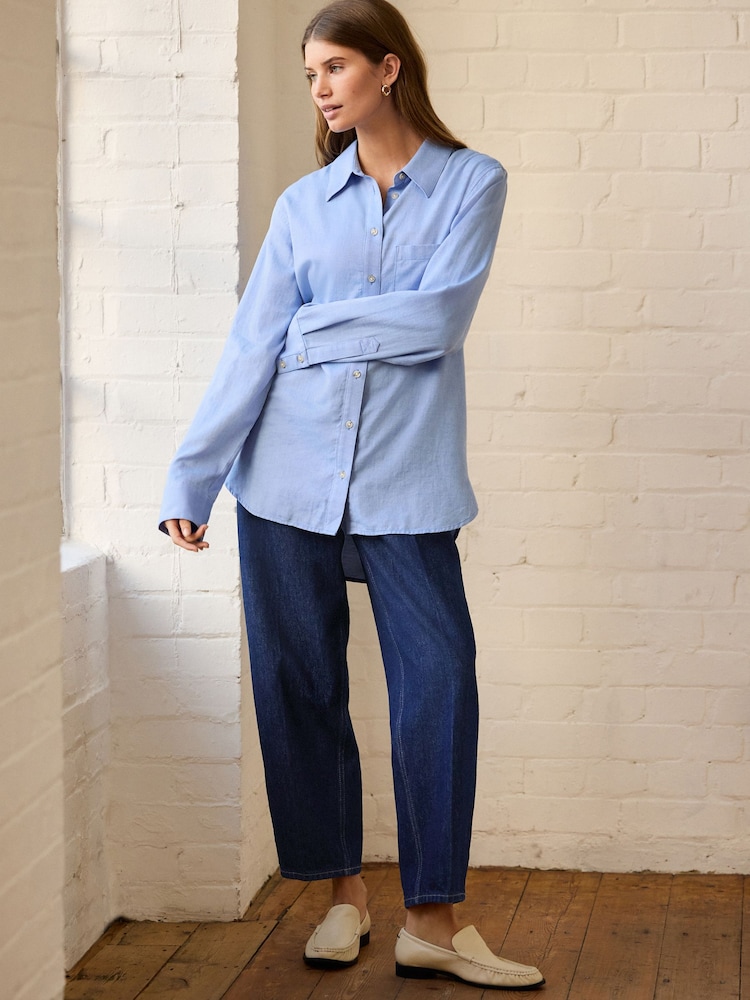 Blue Relaxed 100% Cotton Button Down Casual Long Sleeve Shirt - Image 3 of 7