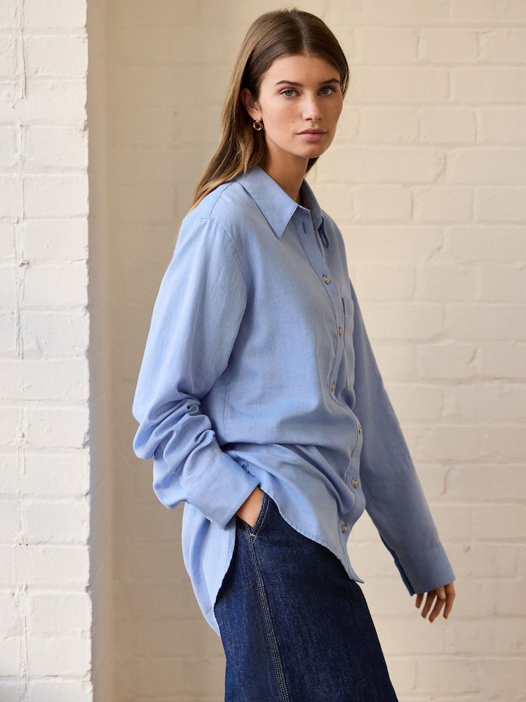 Blue Relaxed 100% Cotton Button Down Casual Long Sleeve Shirt - Image 4 of 7