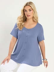 Yours Curve Blue Soft Touch Button T-Shirt - Image 1 of 5