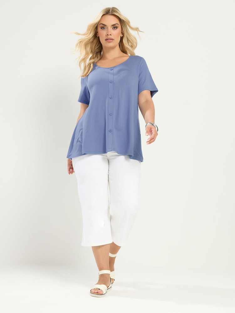 Yours Curve Blue Soft Touch Button T-Shirt - Image 2 of 5