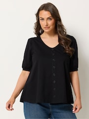 Yours Curve Black Button Front Puff Sleeve V-Neck Top - Image 1 of 5