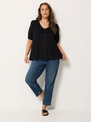 Yours Curve Black Button Front Puff Sleeve V-Neck Top - Image 2 of 5