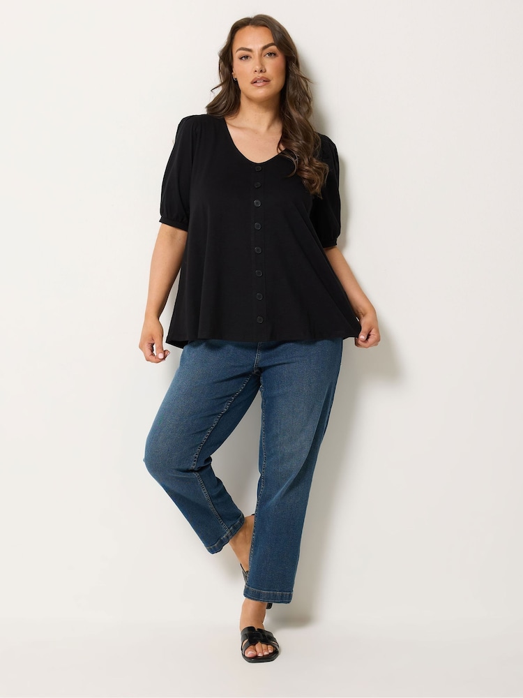 Yours Curve Black Button Front Puff Sleeve V-Neck Top - Image 2 of 5