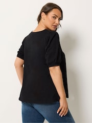 Yours Curve Black Button Front Puff Sleeve V-Neck Top - Image 3 of 5