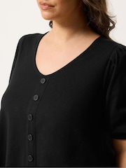 Yours Curve Black Button Front Puff Sleeve V-Neck Top - Image 4 of 5