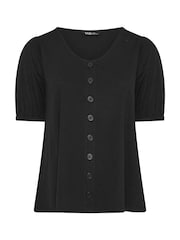 Yours Curve Black Button Front Puff Sleeve V-Neck Top - Image 5 of 5