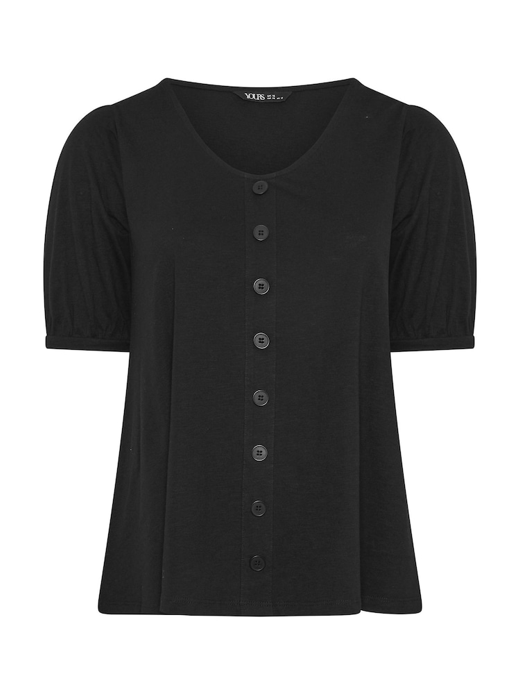 Yours Curve Black Button Front Puff Sleeve V-Neck Top - Image 5 of 5