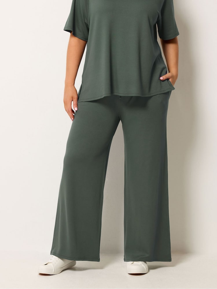 Yours Curve Green Soft Touch Wide Leg Trousers - Image 1 of 5 Yours Curve Green Soft Touch Wide Leg Trousers - Image 1 of 5