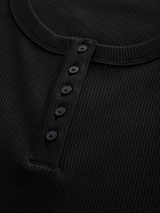 Black Wide Rib Short Sleeve Button Henley Top - Image 2 of 3