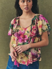 Multi Floral Print Short Sleeve Tie Neck Bardot Top - Image 1 of 6