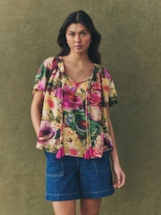 Multi Floral Print Short Sleeve Tie Neck Bardot Top - Image 2 of 6