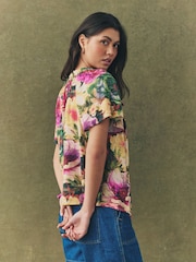 Multi Floral Print Short Sleeve Tie Neck Bardot Top - Image 3 of 6