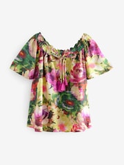 Multi Floral Print Short Sleeve Tie Neck Bardot Top - Image 4 of 6