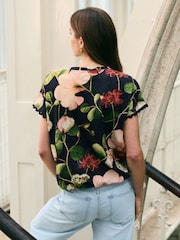 Navy/Pink Floral Kew Short Sleeve Bubblehem 100% Cotton T-Shirt - Image 3 of 7