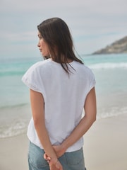 White Short Sleeve Lace V-Neck Bubblehem 100% Cotton Top - Image 3 of 7
