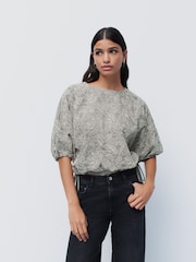 Verde salvia - Puff Sleeve Cornelli Detail Drawstring Top - Imagen 1 de 6