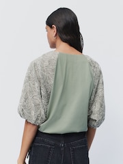 Verde salvia - Puff Sleeve Cornelli Detail Drawstring Top - Imagen 3 de 6