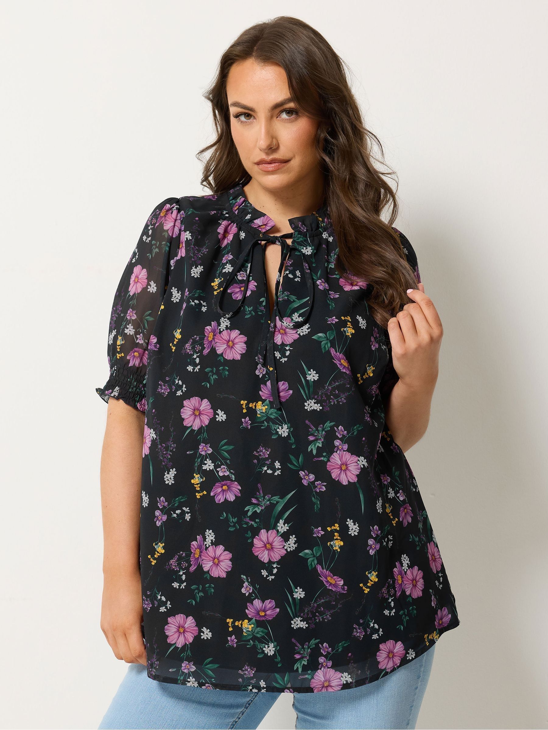 Yours Women's Black Frill Tie Neck Blouse In | : 26/28 - Image 2