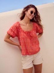 Naranja con puntadas de contraste - Broderie Boho Short Sleeve Ric Rac Top - Imagen 1 de 7