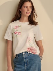 Ecru Cross Stitch Embroidered T-Shirt - Image 1 of 8