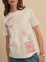 Ecru Cross Stitch Embroidered T-Shirt - Image 4 of 8