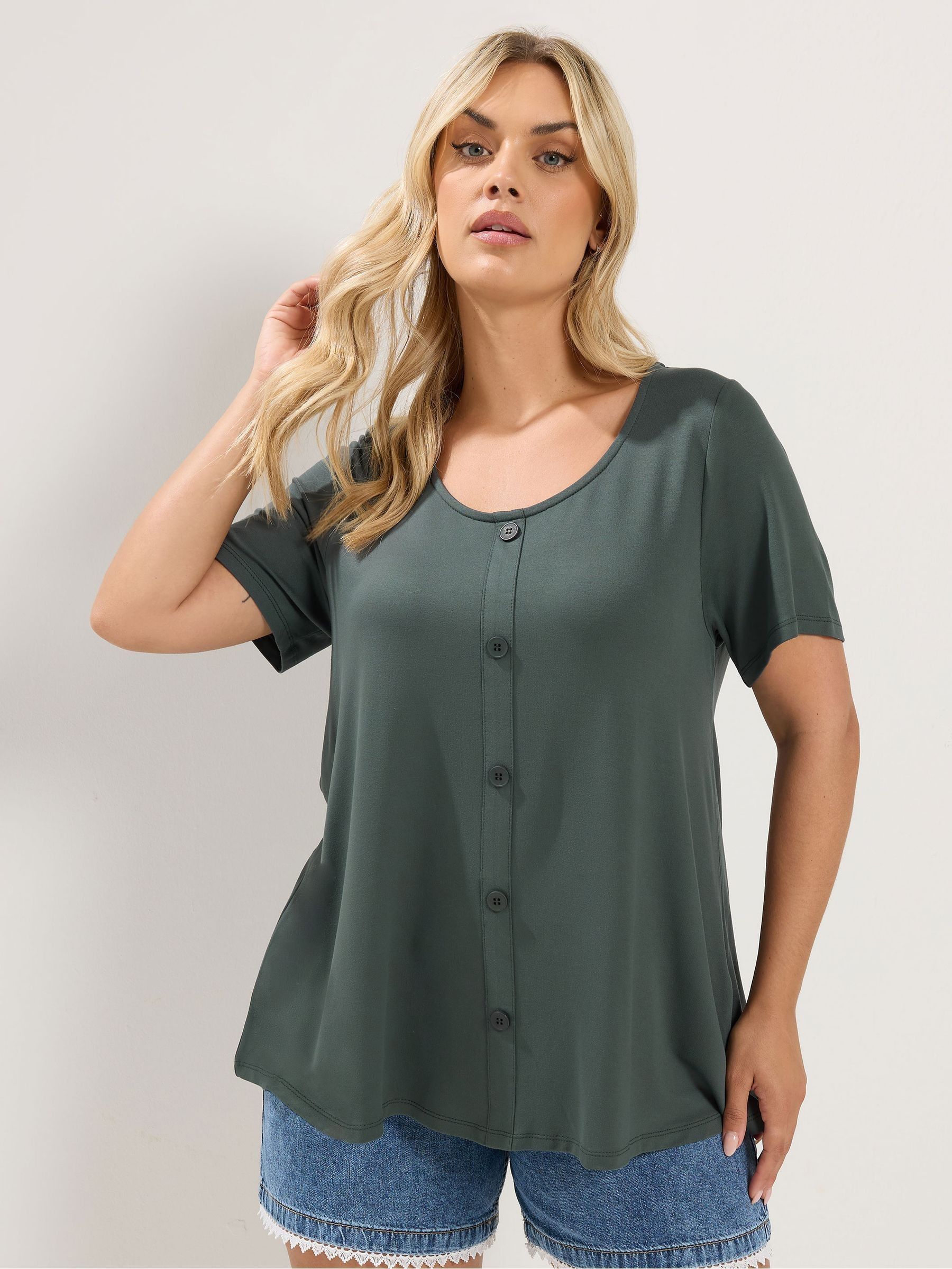 Yours Curve Women's Green Soft Touch Button T-Shirt