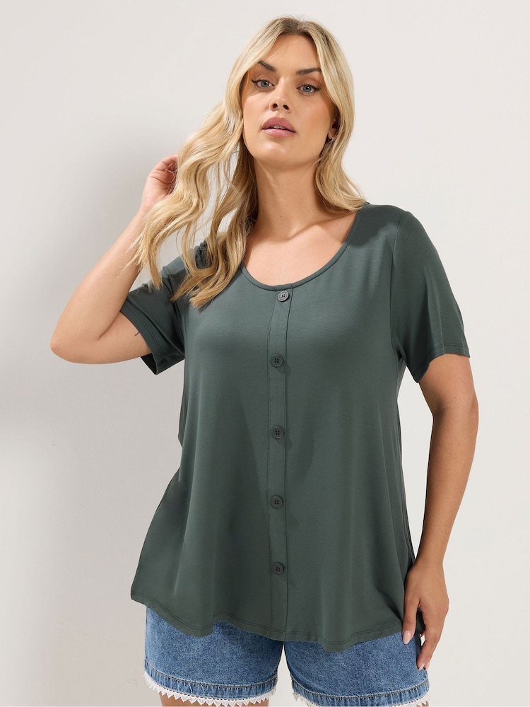 Yours Curve Green Soft Touch Button T-Shirt - Image 1 of 5 Yours Curve Green Soft Touch Button T-Shirt - Image 1 of 5