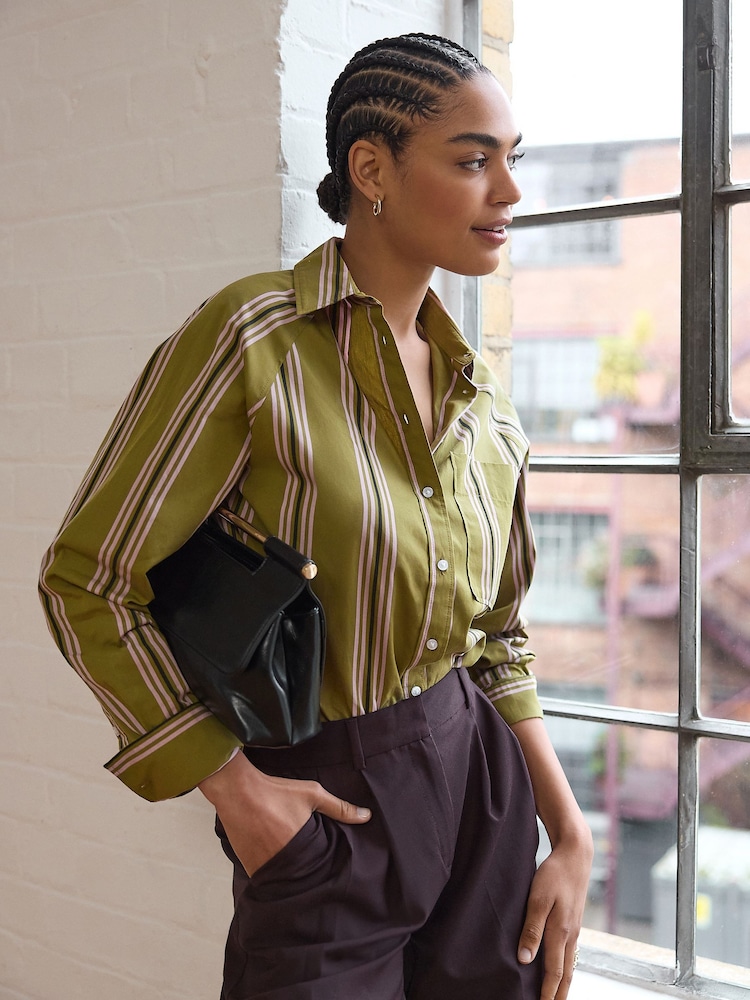 Vert olive rayé - Chemise oversize à manches longues Girlfriend - Image 1 of 8