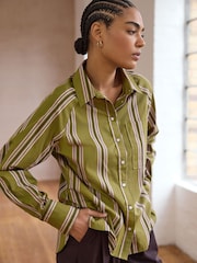 Vert olive rayé - Chemise oversize à manches longues Girlfriend - Image 3 of 8