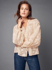 Crudo - Jacquard Boho Long Sleeve Tie Neck Blouse - Imagen 1 de 8
