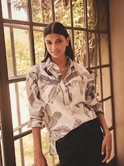 Kew Collection Ecru Palm Print 100% Linen Button Down Relaxed Long Sleeve Shirt - Image 1 of 8
