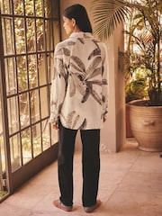 Kew Collection Ecru Palm Print 100% Linen Button Down Relaxed Long Sleeve Shirt - Image 2 of 8