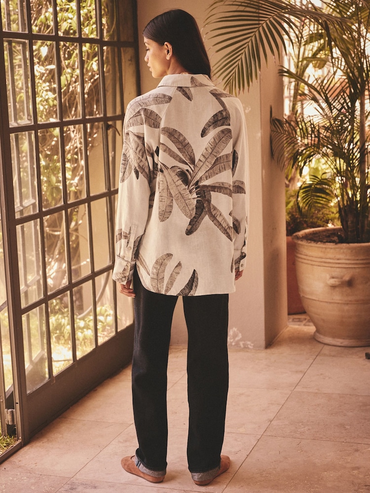 Kew Collection Ecru Palm Print 100% Linen Button Down Relaxed Long Sleeve Shirt - Image 2 of 8
