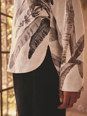 Kew Collection Ecru Palm Print 100% Linen Button Down Relaxed Long Sleeve Shirt - Image 4 of 8