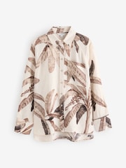 Kew Collection Ecru Palm Print 100% Linen Button Down Relaxed Long Sleeve Shirt - Image 5 of 8