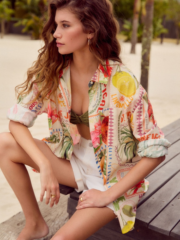 Multicoloured Postcard Print Long Sleeve Shirt With Linen - Image 1 of 9