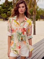 Multicoloured Postcard Print Long Sleeve Shirt With Linen - Image 2 of 9