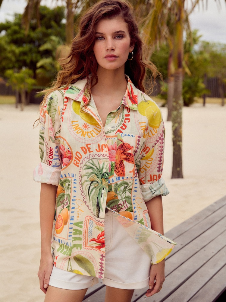 Multicoloured Postcard Print Long Sleeve Shirt With Linen - Image 2 of 9
