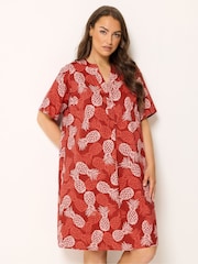 Yours Curve Rust Red Pineapple Pleated Front Tunic Dress - Image 1 of 5