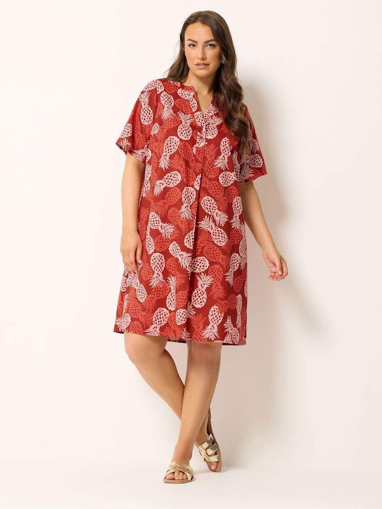 Yours Curve Rust Red Pineapple Pleated Front Tunic Dress - Image 2 of 5