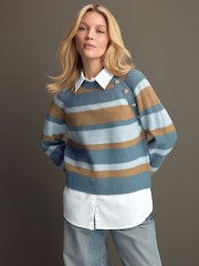 Blue Stripe Layered Long Sleeve Collared Gold Detailed Button Jumper with Wool and 100% Cotton Shirt - Image 1 of 10