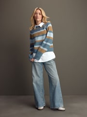 Blue Stripe Layered Long Sleeve Collared Gold Detailed Button Jumper with Wool and 100% Cotton Shirt - Image 2 of 10