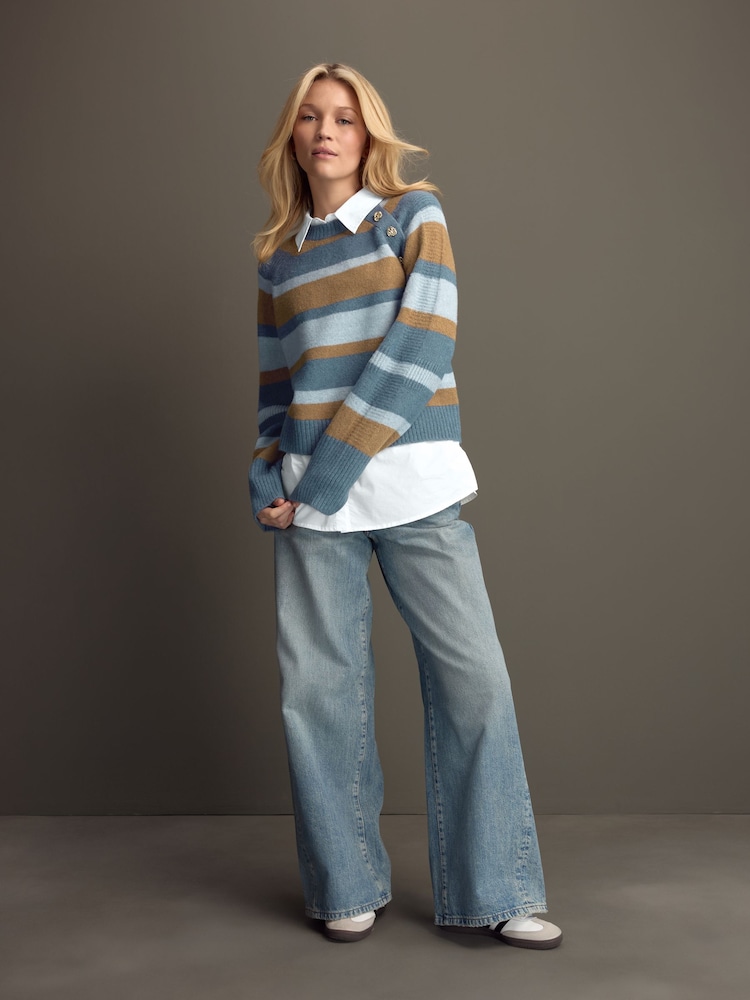 Blue Stripe Layered Long Sleeve Collared Gold Detailed Button Jumper with Wool and 100% Cotton Shirt - Image 2 of 10