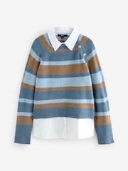 Blue Stripe Layered Long Sleeve Collared Gold Detailed Button Jumper with Wool and 100% Cotton Shirt - Image 5 of 10
