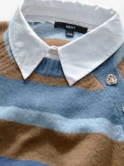 Blue Stripe Layered Long Sleeve Collared Gold Detailed Button Jumper with Wool and 100% Cotton Shirt - Image 6 of 10