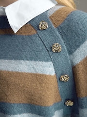 Blue Stripe Layered Long Sleeve Collared Gold Detailed Button Jumper with Wool and 100% Cotton Shirt - Image 9 of 10