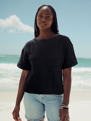 Black Short Sleeve Crochet Crew Neck T-Shirt - Image 2 of 6