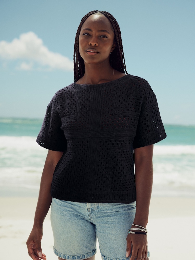 Black Short Sleeve Crochet Crew Neck T-Shirt - Image 2 of 6